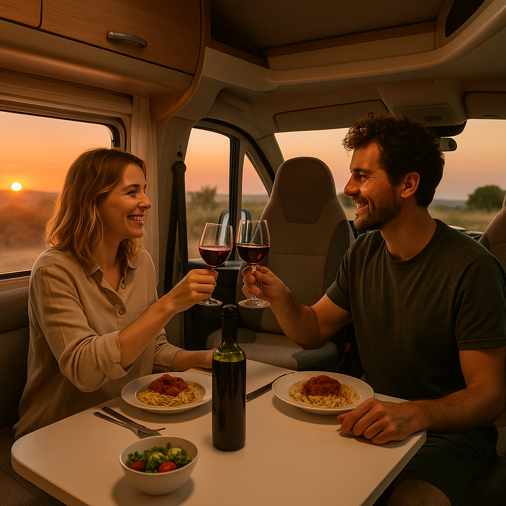 Dinner inside campervan